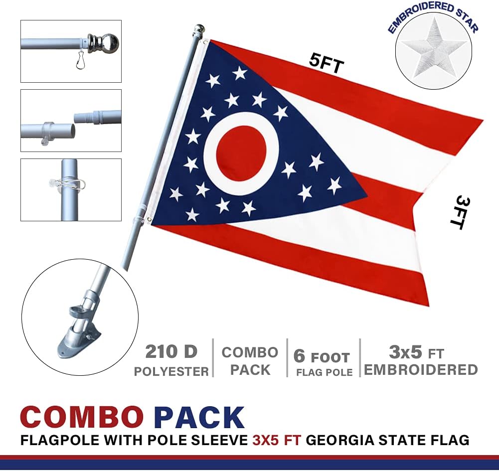 American 3x5 Ohio State Flagpole Kit with Nylon Outdoor Flag & Aluminum Flagpole & Metal Base, Embroidered Stars, Fade Resistant Commercial Grade US Flag and Hardware of OH Flags