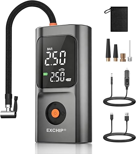 Compresor de aire portátil para inflado de neumáticos, inflado 5 veces más rápido, batería recargable inalámbrica de doble potencia y 12 V CC,