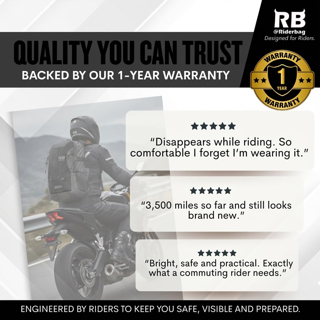 riderbag Reflektierender Motorradrucksack, leichter Laptoprucksack für Motorradfahrer. Reiserucksack. Fahrrad Sicherheit im Dunkeln. Mit optionalem Rückenprotektor