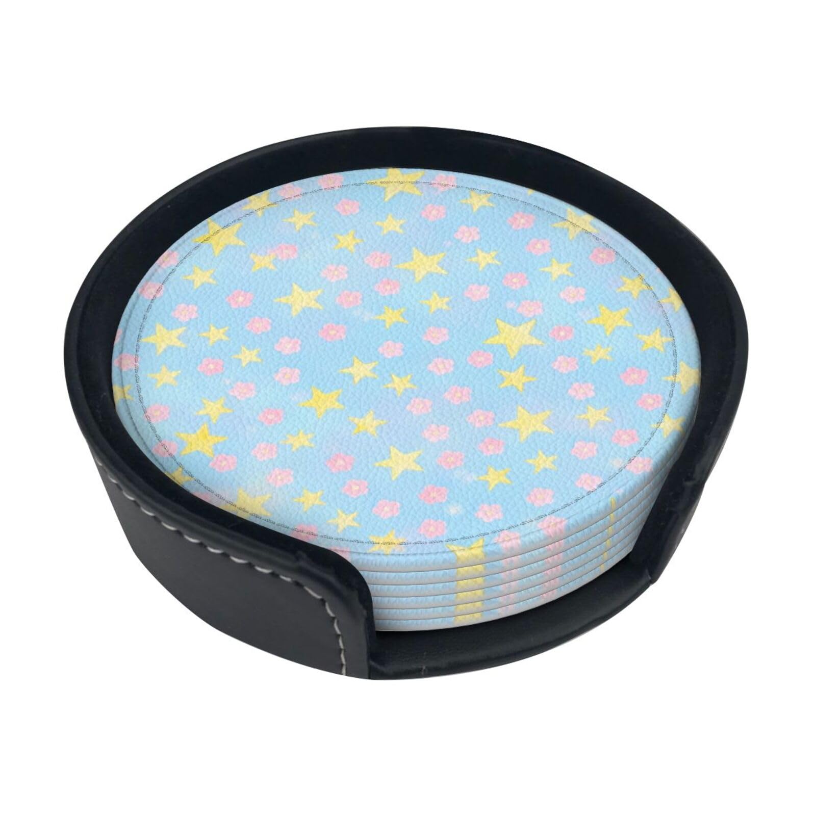 Cntdbu White Star Flower Seamless Leather Coasters Set Of 6-Pu Leather Drink Mats For Table, Heat Resistant Round Coasters With Holder