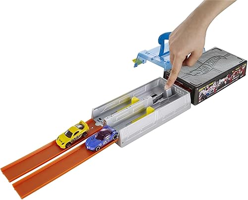 Miniatura 3 de Hot Wheels Juego de pistas de carrera con 2 ruedas calientes lanzador doble para carreras de lado a lado contenedor de almacenamiento juguete para