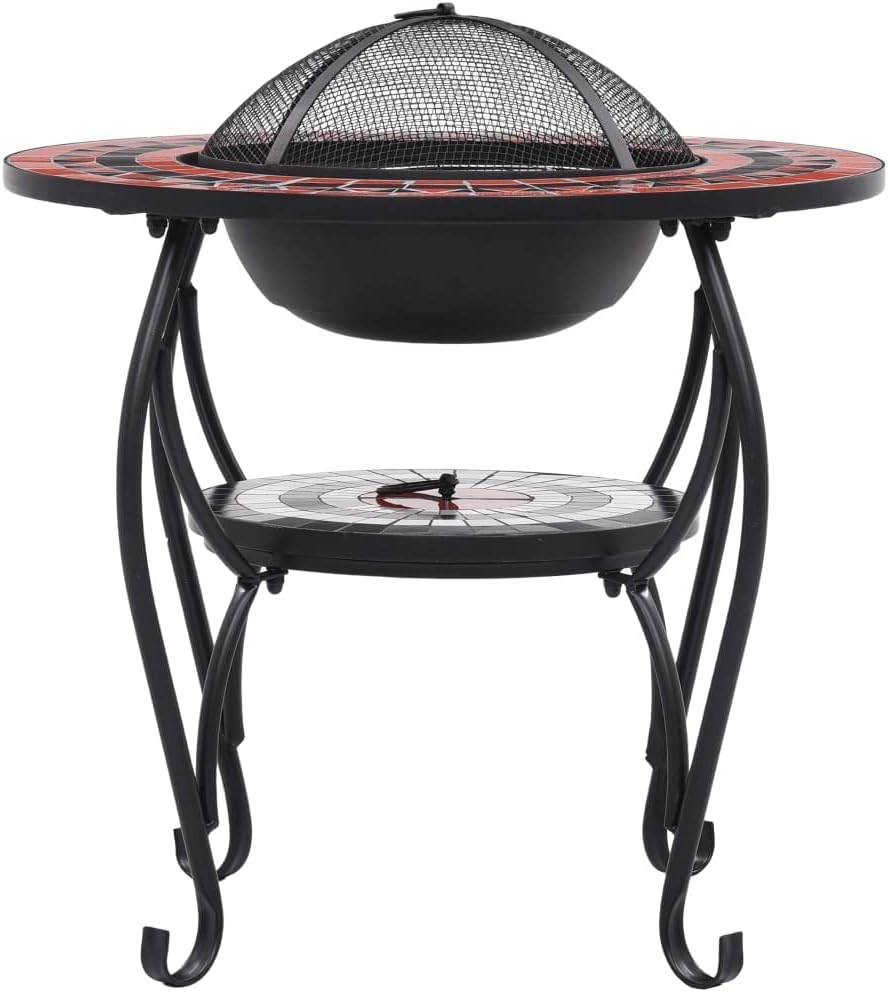 26.8 Inch Mosaic Fire Pit Table, Terracotta and White Ceramic Outdoor Wood Burning Firepit with Safety Mesh Cover and Poker for Patio Garden Backyard