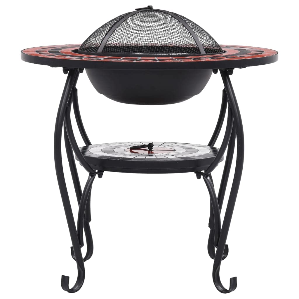 Mesa de fuego de cerámica con mosaico en terracota y blanco, 68 cm, con protección contra chispas y estructura de acero de cuatro patas, versátil brasero para jardín