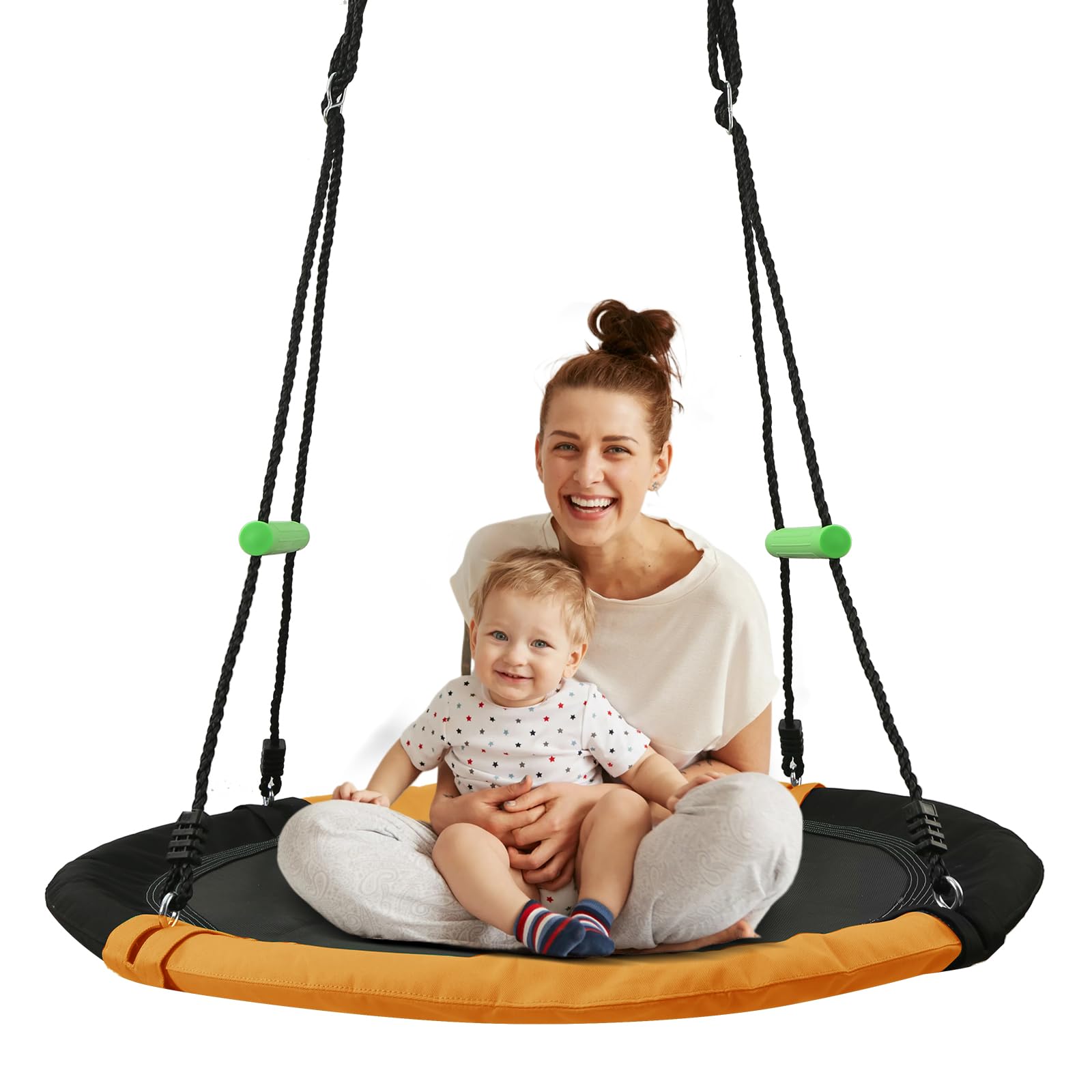 YSEJOMP Black Round Saucer Swing with Handles -Made of Sturdy Frame,PP Mat,Adjustable Multi-Strand Ropes,Safe and Durable for Yard Garden Playground