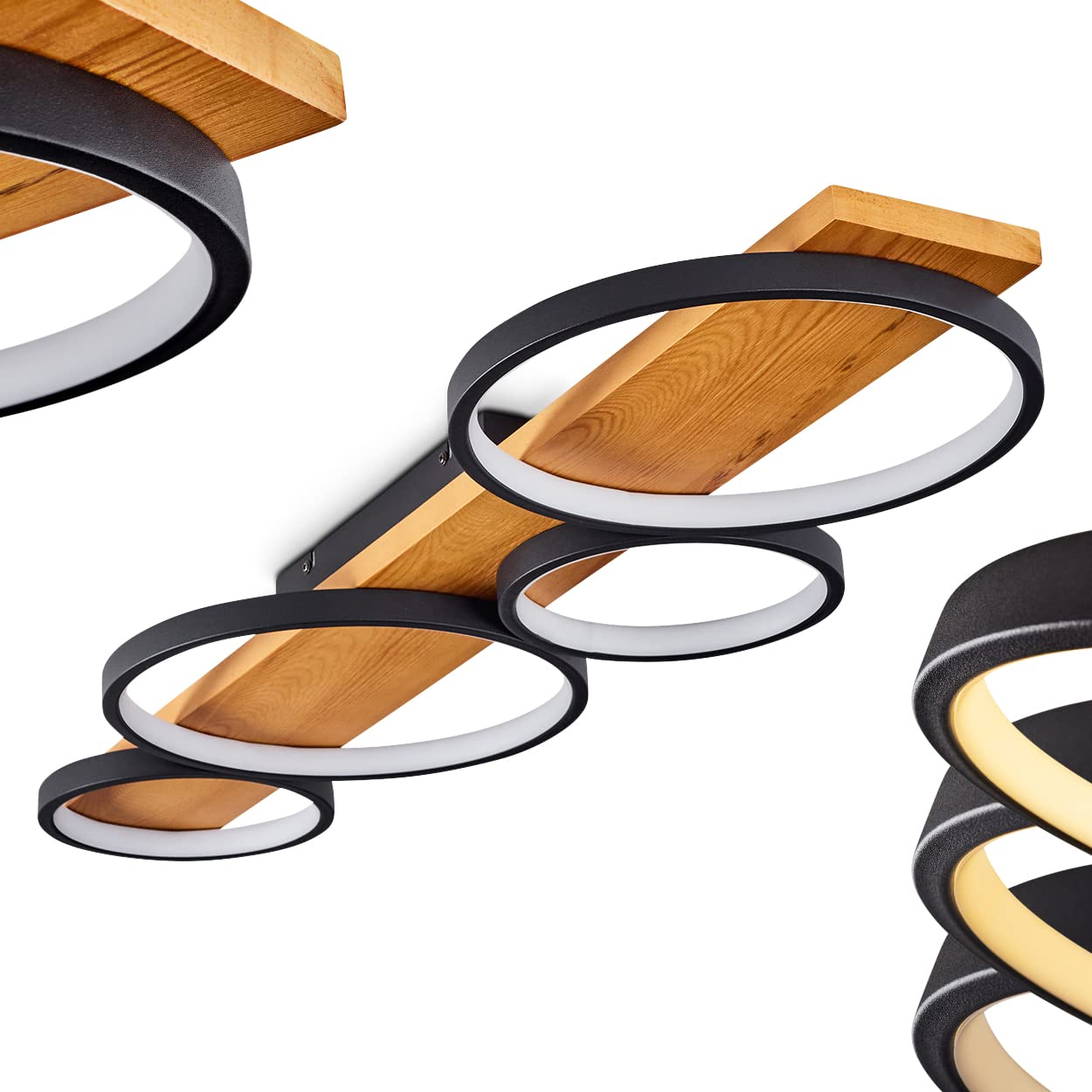 Hofstein Black Led Ceiling Lamp Rodekro, Dimmable Ceiling Lamp Made Of Metal/Wood In /Nature, Dimmable, Wooden Element, 1 X Led 44 Watt, 3000K, 5100 Lumen