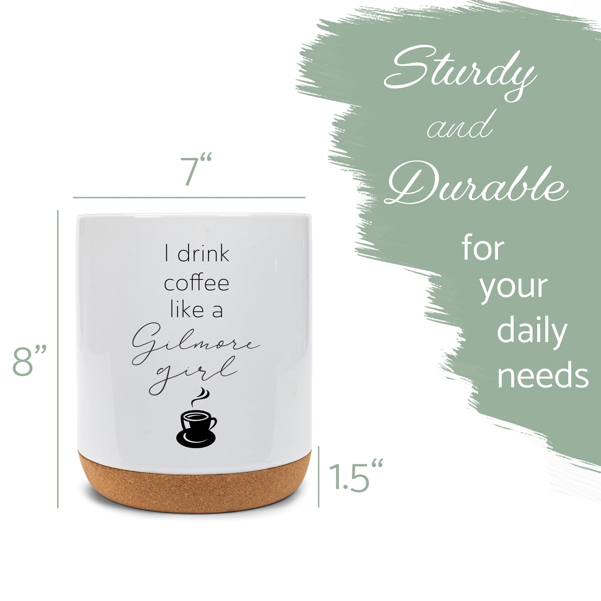 Elanze Designs I Drink Coffee Like A Gilmore Girl Engraved X-Large Cork Bottom Ceramic Stoneware Utensil Holder, Spatula Caddy, Crock Container, Kitchen Storage Organizer Home Décor, Crisp White