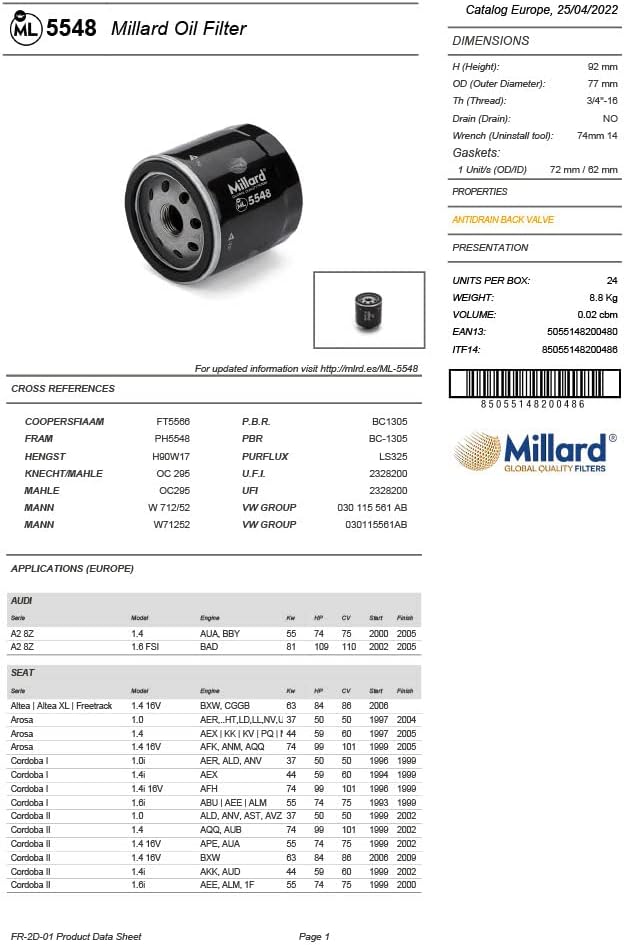 Millard Filters Car Oil Filter Millard ML5548 93x78 mm 3/4'x16 Global Quality