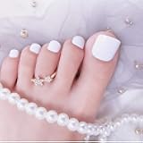 Sethexy Solid Color Glossy False Toe Nails Bright Fashion Square Short Full Cover 24PCS Fake ToeNails for Women and Girls(White)