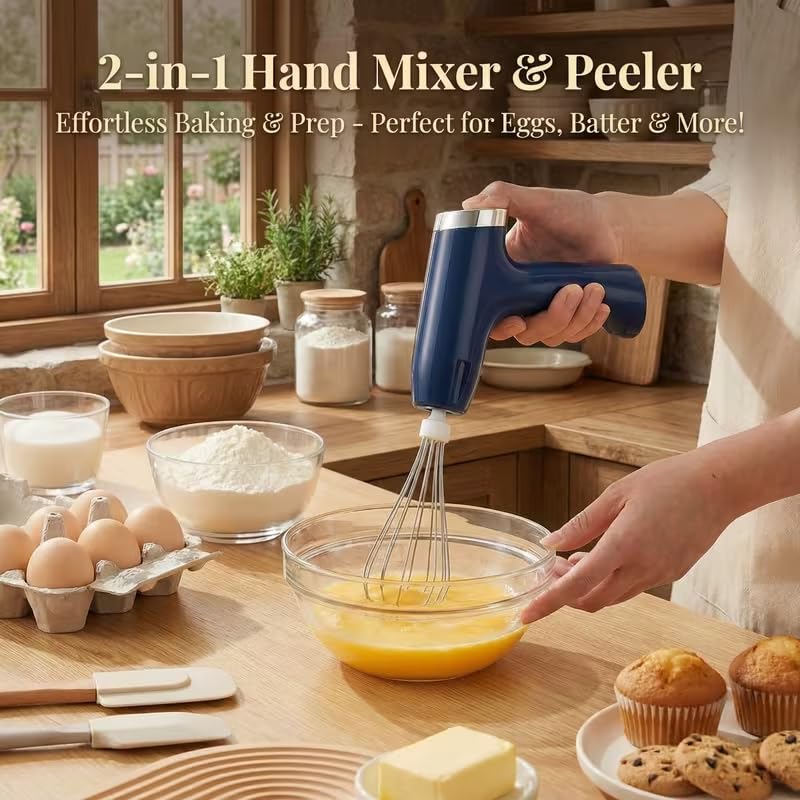 Image of Sajani Multipurpose Automatic Fruit & Vegetable Peeler, Rechargeable Electric Peeler with 5 Blades, Smart Garlic & Grape Peeling Tool for Home, Shop & Restaurant (Pack of 1) (Peeler and Egg Beater)
