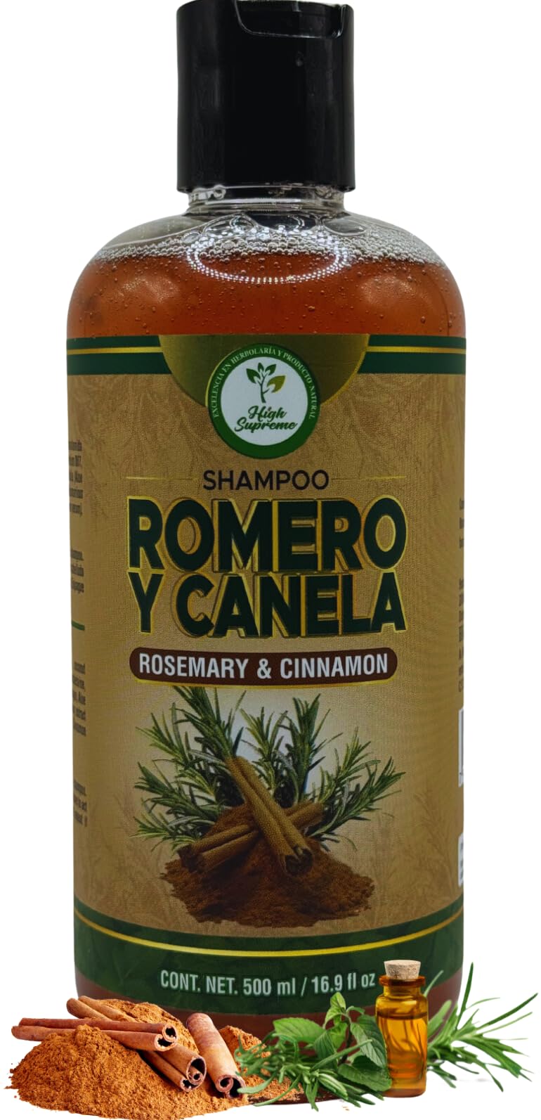 HIGH SUPREME Shampoo Romero & Canela (Rosemary & Cinnamon) 16.9 fl oz Nutrir y revitalizar (Nourish and Revitalize) your hair PREMIUM SHAMPOO