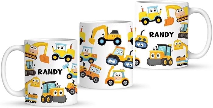 Personalized Construction Vehicle Full Wrap Cup, Customized Name Bulldozer White Mug, Funny Excavator Ceramic Coffee Cup 11oz 15oz, Custom Cartoon Truck Birthday Mug for Boys