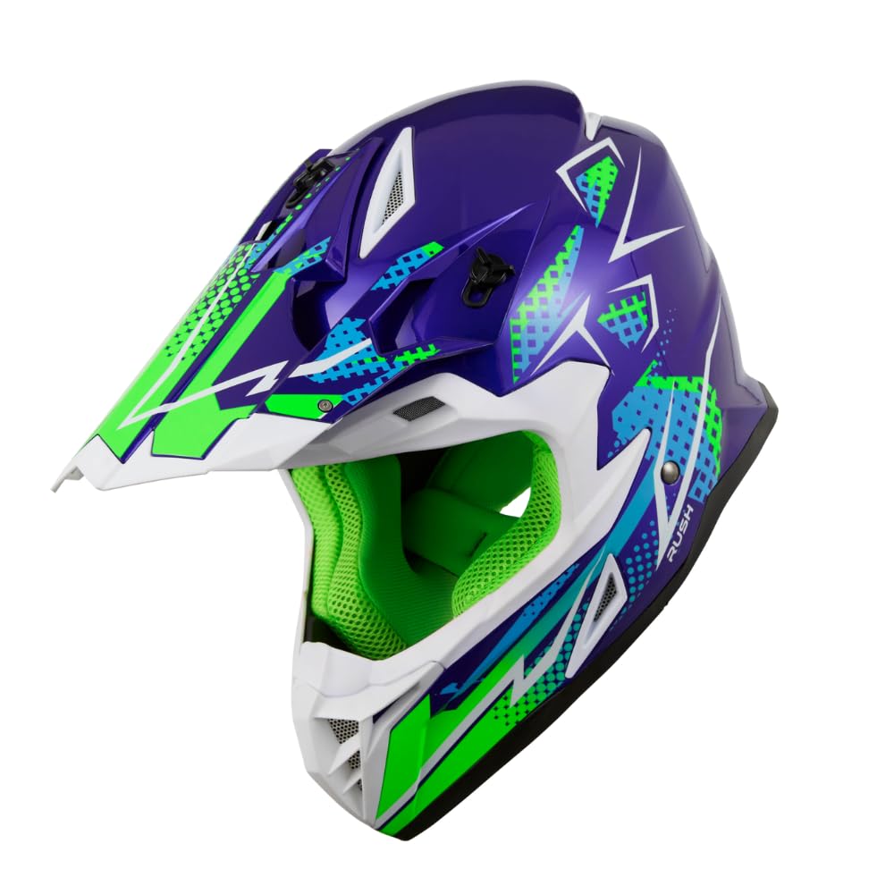 KSK Casque Cross Rush Bleu et Vert - Homologué ECE R 22.06 - S (55-56cm) - Coque ABS