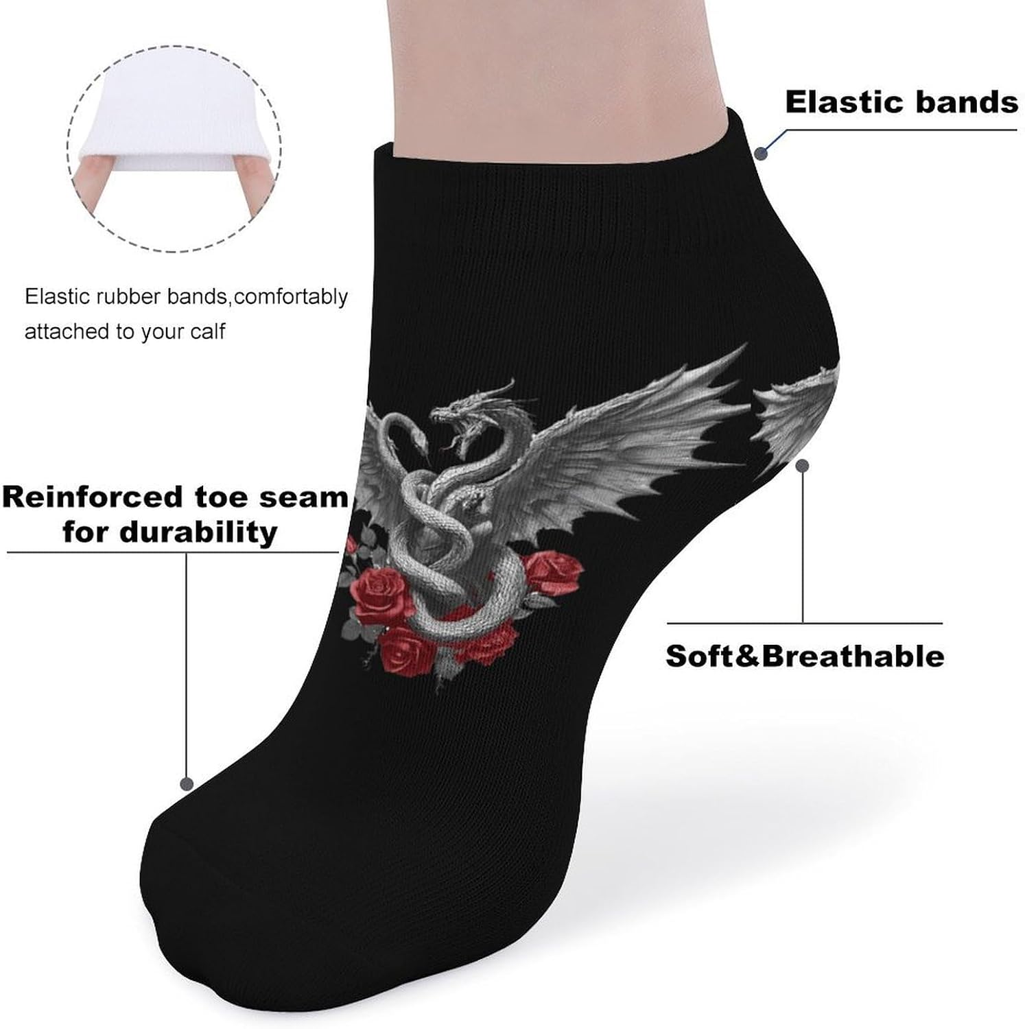 Dragon Snake Roses Socks for Men Women 5 Pairs Ankle Socks