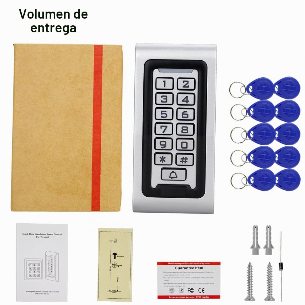 Lector de tarjetas de metal con control de acceso RFID impermeable IP68 + 10 llaveros de proximidad de 125 KHz WG26 2000 usuarios para el hogar y la oficina