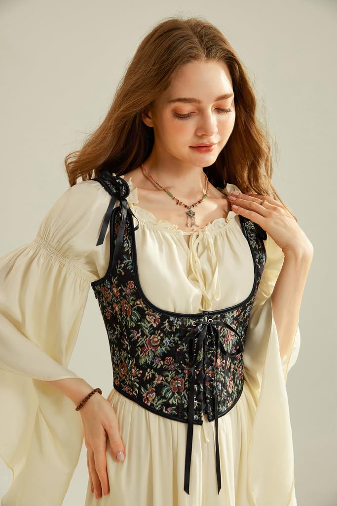 SCARLET DARKNESS Damen Renaissance Korsett U-Ausschnitt Lace-up Corset Top Blumendruck Bustier