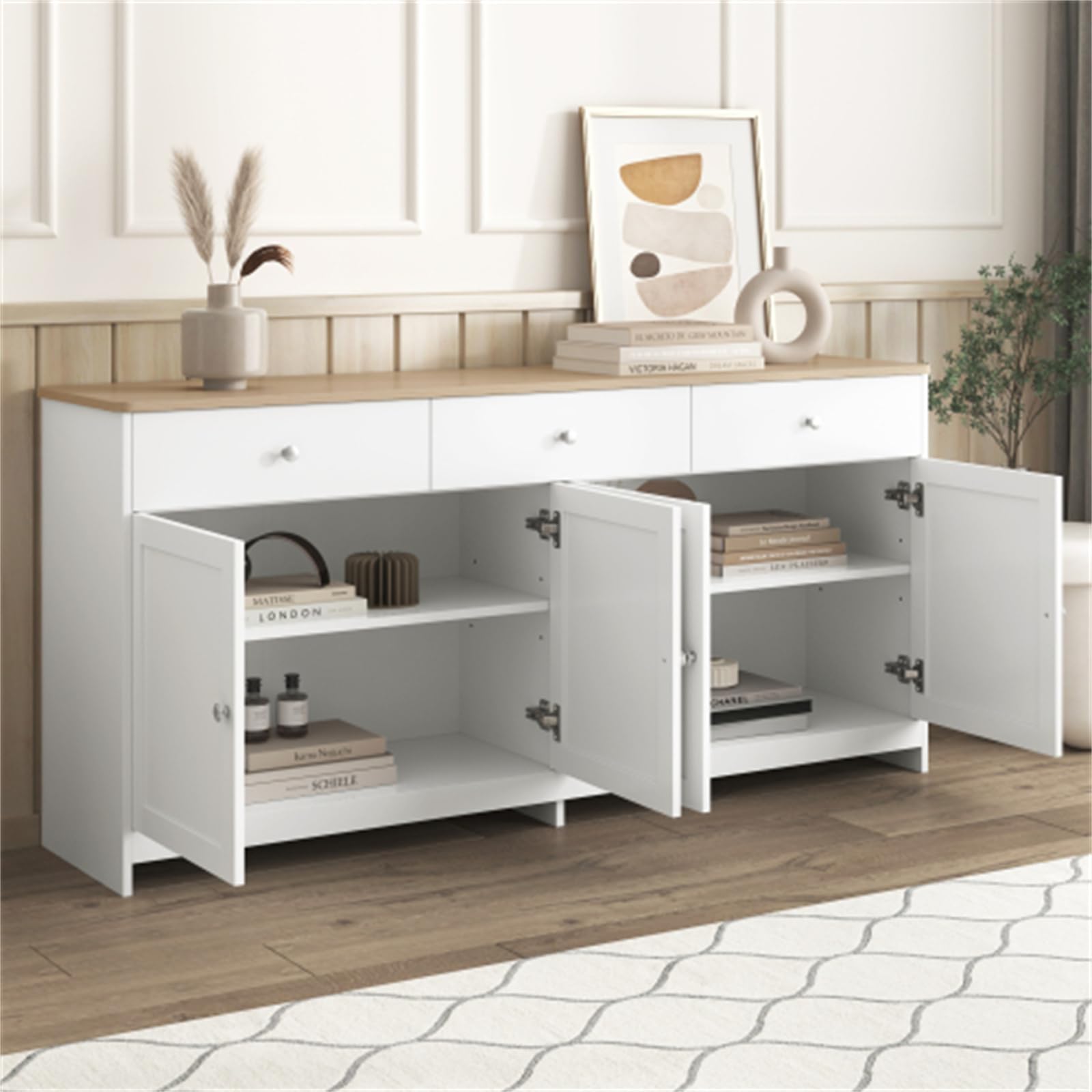 Credenza con Venature del Legno Bianco, Mobile da Ingresso Moderno E Semplice di Grande capacità con Ripiano Regolabile, Adatto per Soggiorno E Camera da Letto