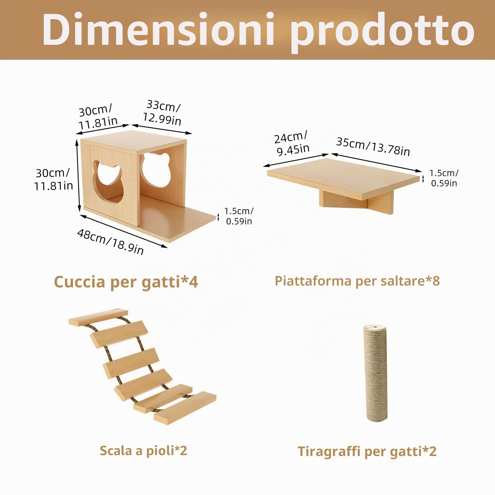 Set da parete per gatti, elementi da parete per gatti, in legno massiccio, set di mobili da parete per gatti, con casetta per gatti, scala per gatti, trampolino per gatti