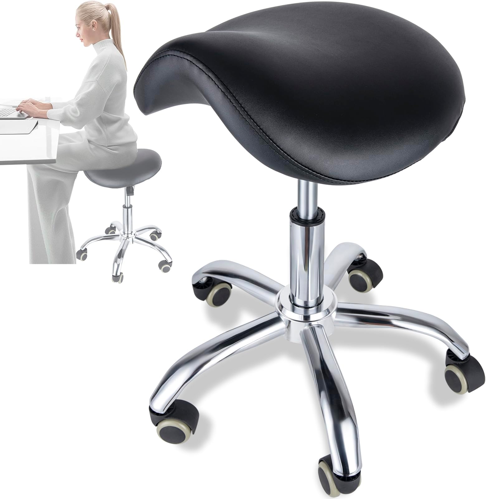 Saddle Stool - Saddle Chair, Adjustable Rolling Saddle Stool with 360° Swivel Wheels, Ergonomic Stool for Hair Stylist Dentist Salon Spa Massage Tattoo Home Office, 300 lbs Weight Capacity (Black)