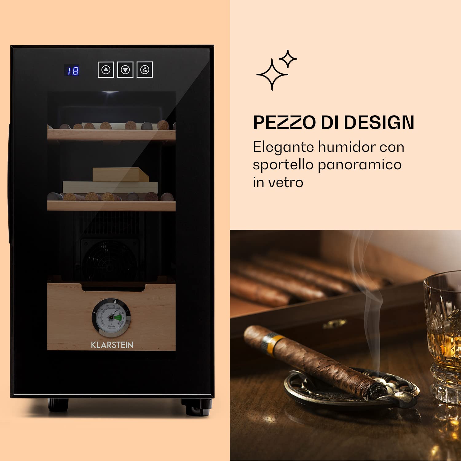 Klarstein El Presidente Umidificatore per Sigari - Armadio Humidor Termoelettrico con Porta in Vetro, Ripiani in Legno di Cedro, Igrometro, Luce LED Interna, 23 Litri, Nero