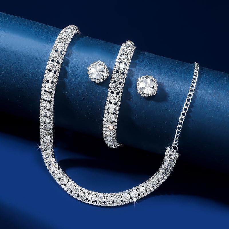 Women Rhinestone Crystal Jewelry Set Crystal Tennis Design Rhinestone Choker Necklace Link Bracelet Teardrop Earrings Set Wedding Bridal Bridesmaids Party - Image 4