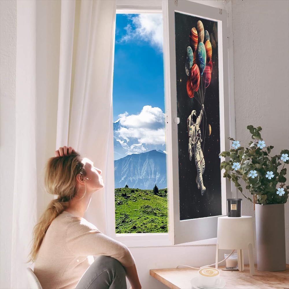 Retro Astronaut Buntglas Fensterfolie, Ballon Planet Modern Space Dekorative Milchglas Sichtschutzfolie Wärmeregulierung Statisch Haftende Fensteraufkleber 90x140cm