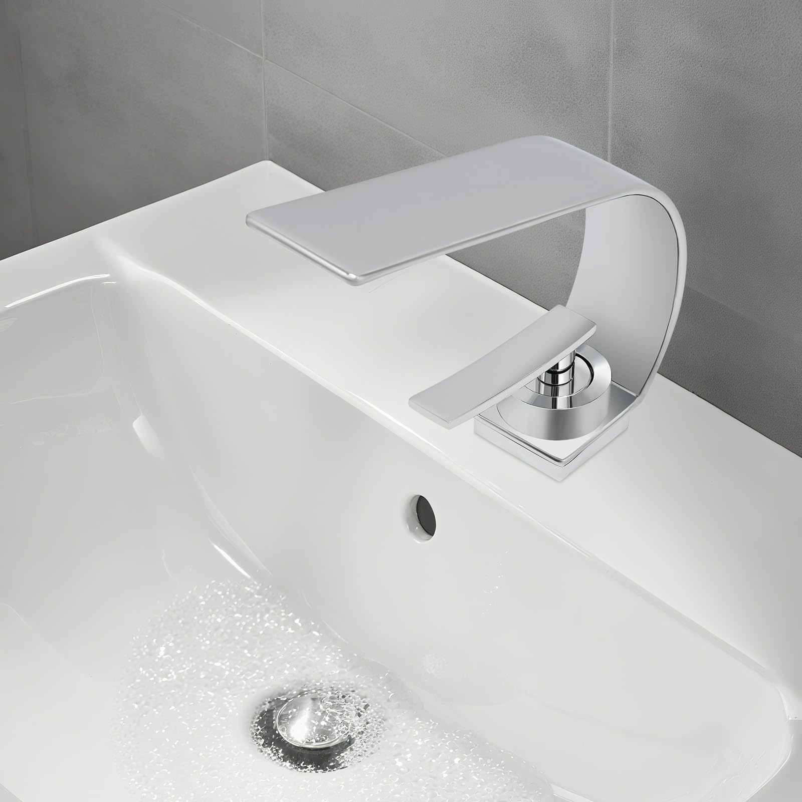 Grifo de baño con cascada, moderno grifo de acero inoxidable, grifo de lavabo con monomando, grifos para agua fría y caliente (plata)