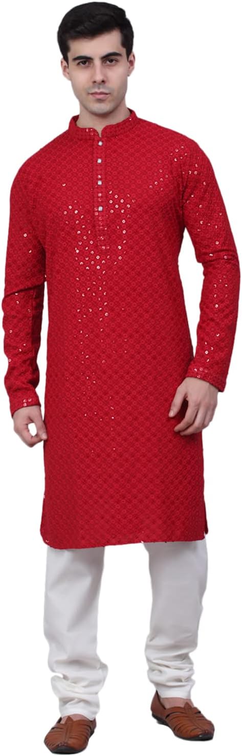 JompersMen Chikankari Embroidered and Sequence Kurta with Churidar