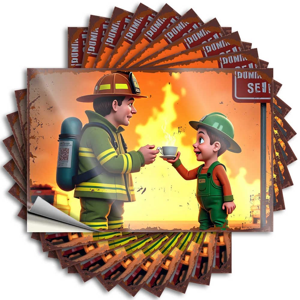 Firefighter and Little Helper Share A Steaming Cup of Coffee Cozy Tattoos | Teens Waterproof Vinyl Case Man Removable Decal Peel Stick(8X12CM)