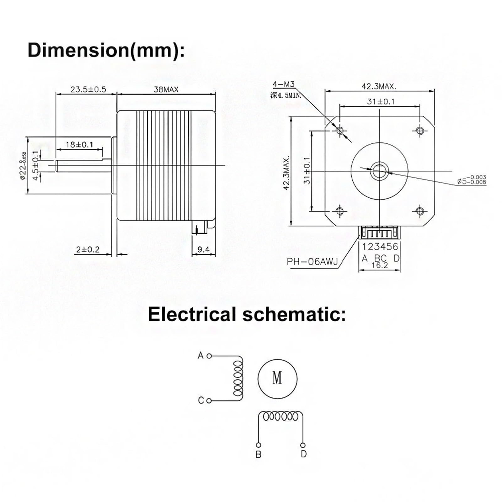 GTPBAO Contrôleur de Pilote Lot de 5 Moteurs Pas à Pas Nema 17 1,8 degrés 2 Phases 4 Fils 42 x 42 x 38 mm 1,5 A 0,42 Nm 17HS4401 Moteur Pas à Pas 1 mètre Fil XH2,54 Machine CNC