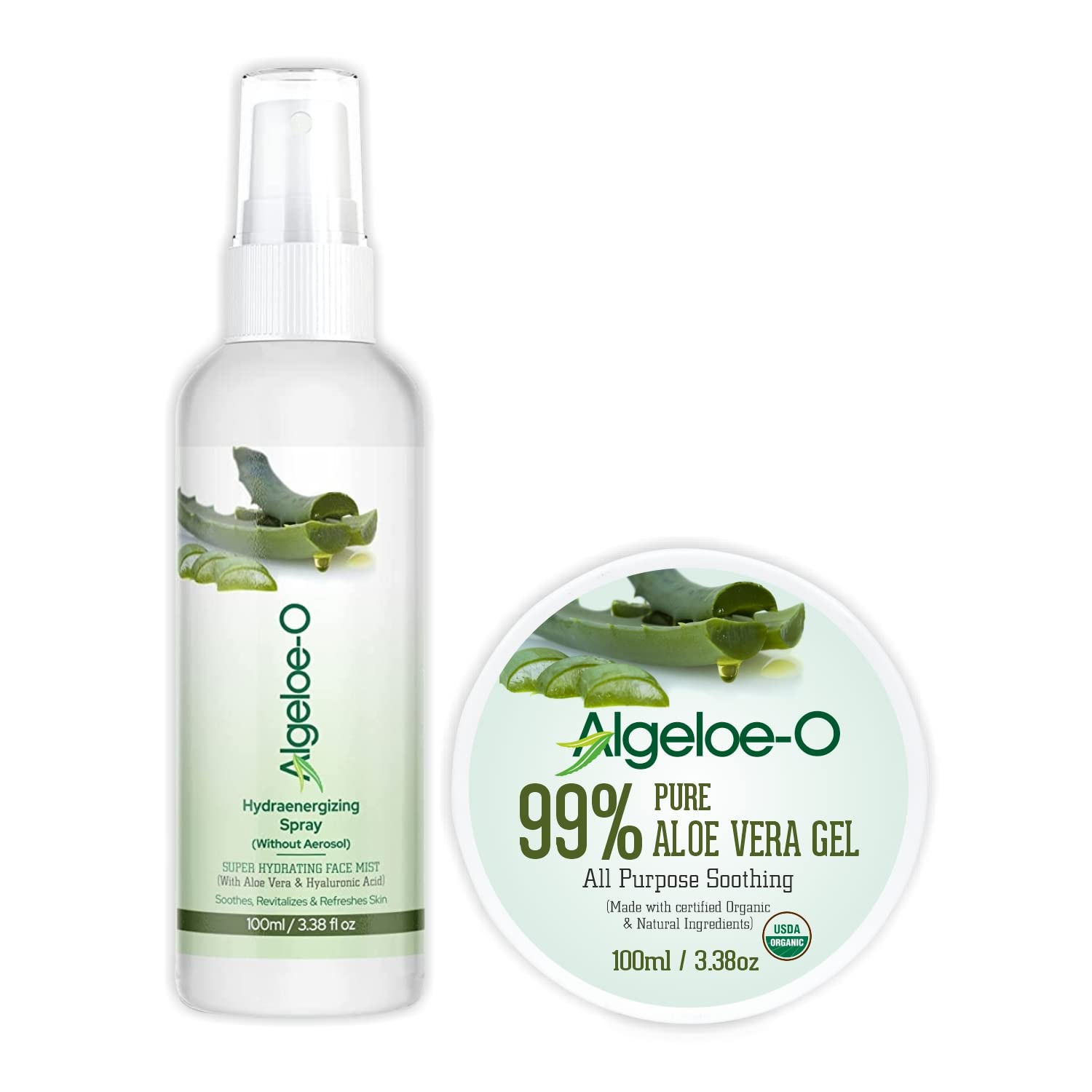 ALGELOEO Hydraenergizing Super Hydrating Mist Spray & Algeloe-O Organic 99% Aloe Vera Gel Combo Pack | Use for Calm & Moisturized Skin (100ML)