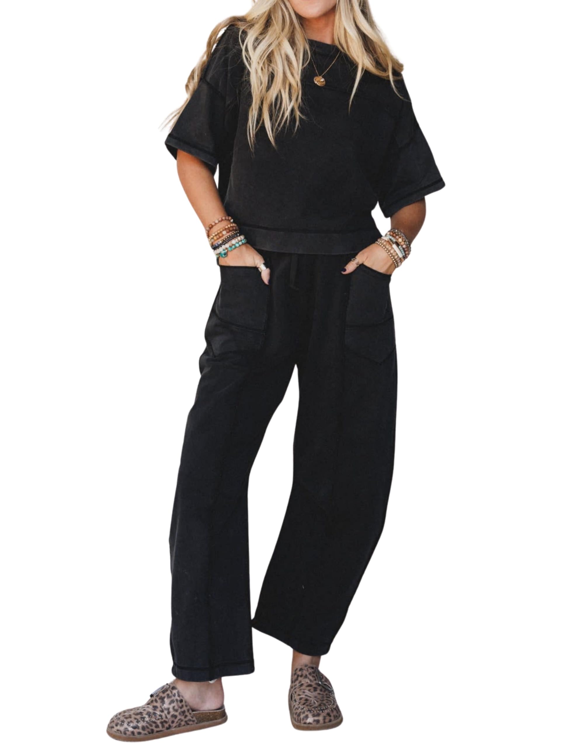 Hooever Womens 2 Piece Outfits for Women Casual Short Sleeve Pullover Tops and Wide Leg Barrel Pants