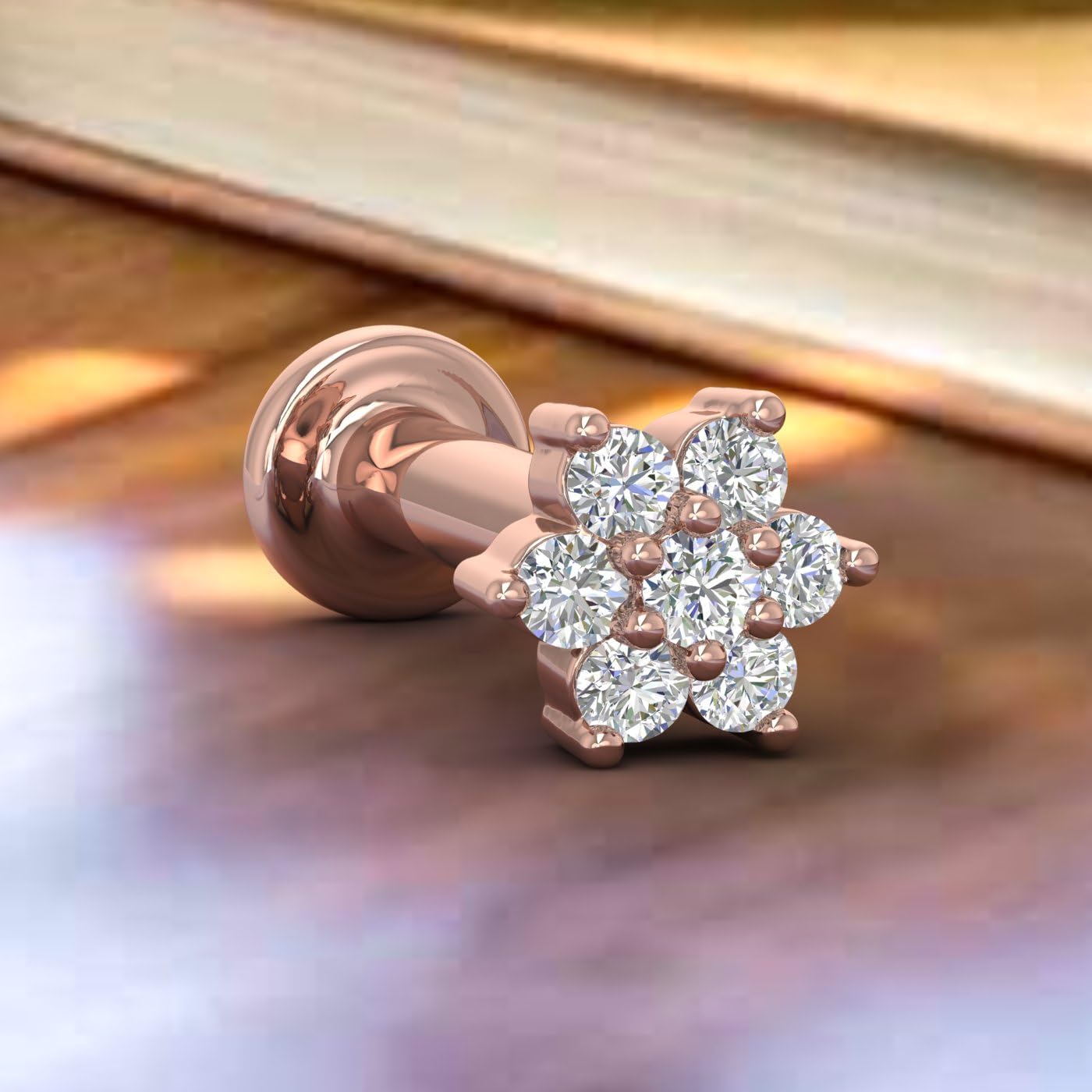 0.04 Carat 7-Stones Cluster Natural Diamond Nose Pin Screw Back Nose Stud 14K Solid Gold Nose Stud for Women