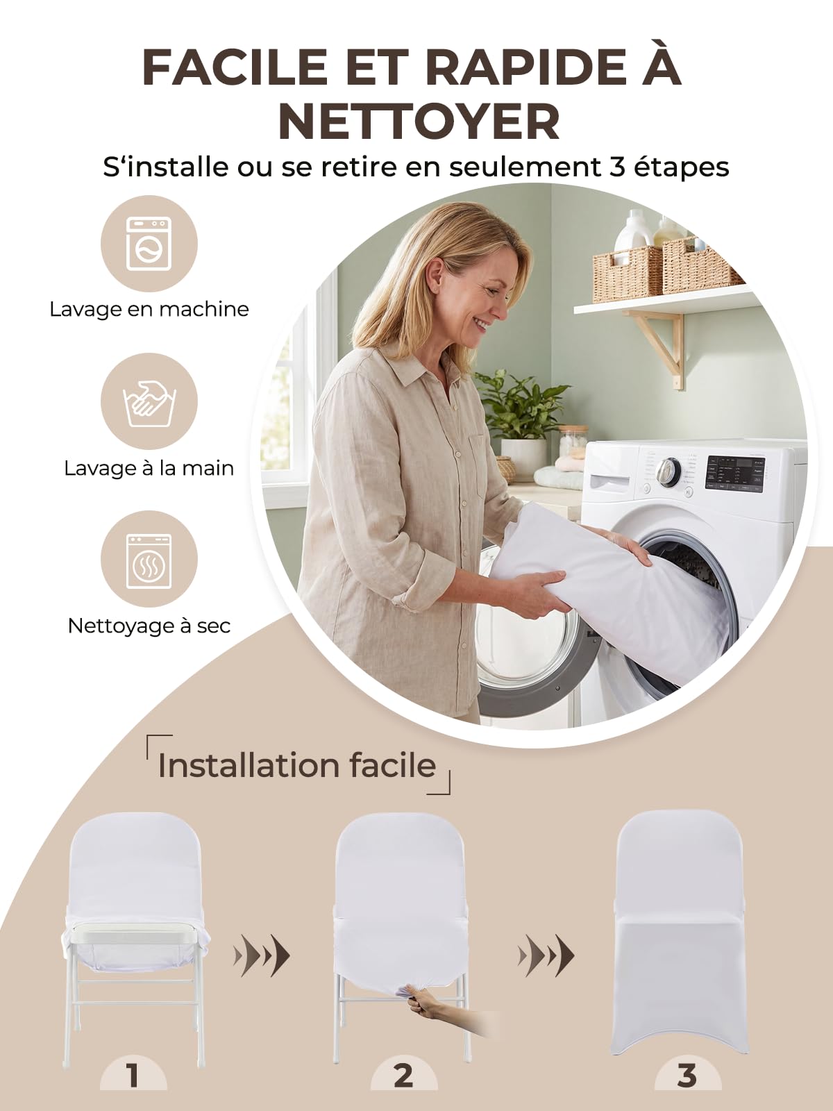 Housses de Chaise Pliantes Extensibles 50 Pièces, Blanches en Polyester et Élasthanne, pour Chaises sans Bras, Amovibles et Lavables, Idéales pour Mariage, Banquet, Fête, Célébration, Salle à Manger