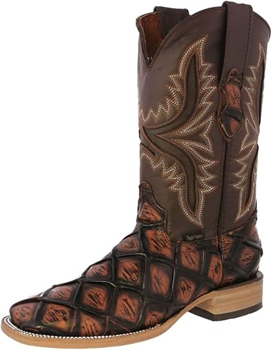 Mens Cognac Western Boots Pirarucu Fish Print Leather Square Toe