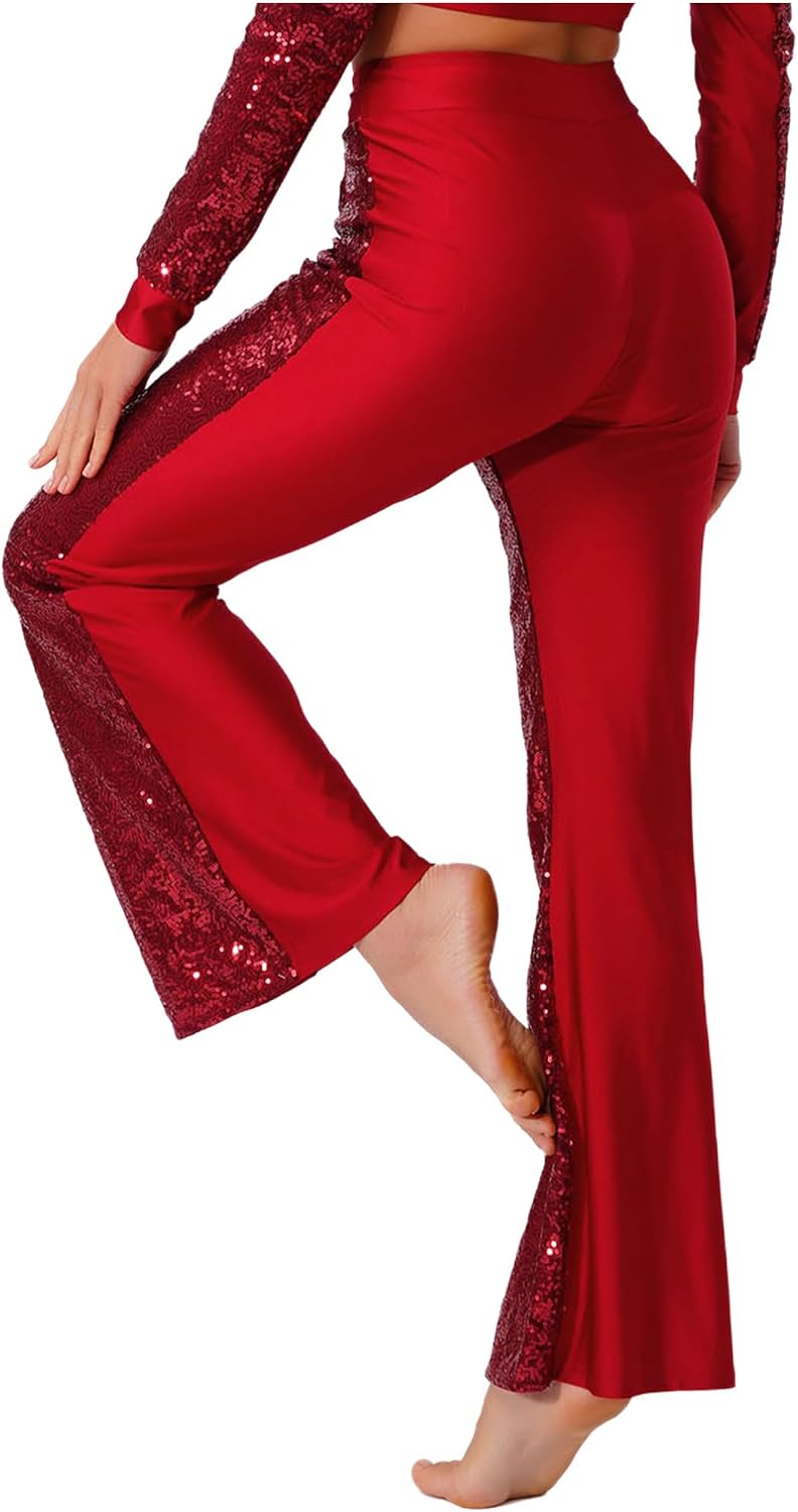 iiniim Womens Glitter Dance Pants High Waist Flared Bell Bottom Sequin Latin Jazz Performance Stage