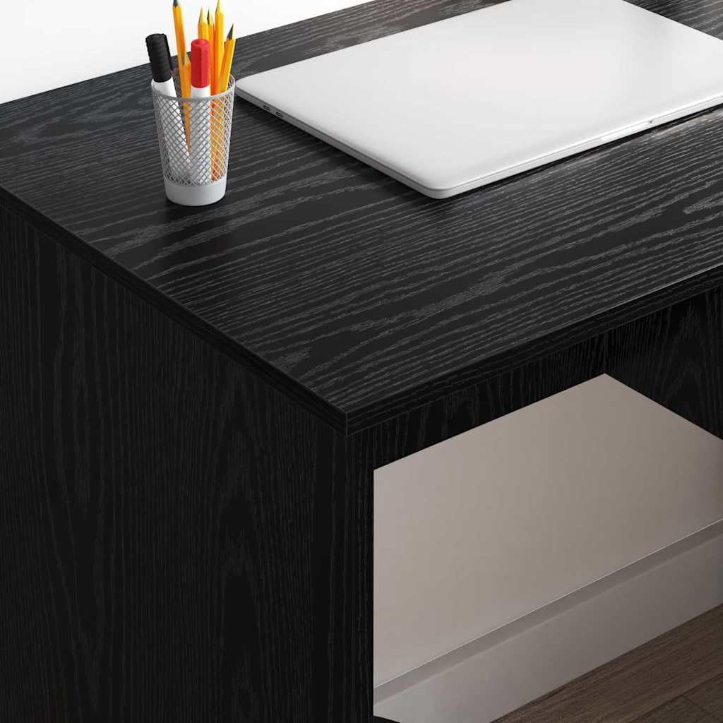 Scrivania nera effetto quercia in legno, 90 x 49 x 75 cm, con cassetto e mensola, scrivania per computer, postazione di lavoro per ufficio, casa, studio, spazio di archiviazione, ergonomica