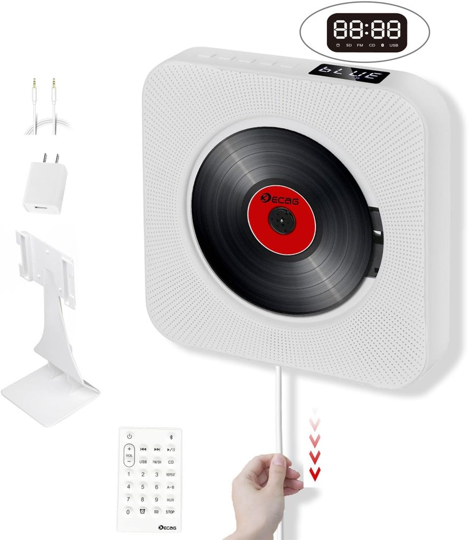 KECAG CD Player Portable Wall Mountable Home Audio with Remote Control Bluetooth Built-in HiFi Speakers USB MP3 3.5mm Headphone Jack AUX input/output (White Upgraded)