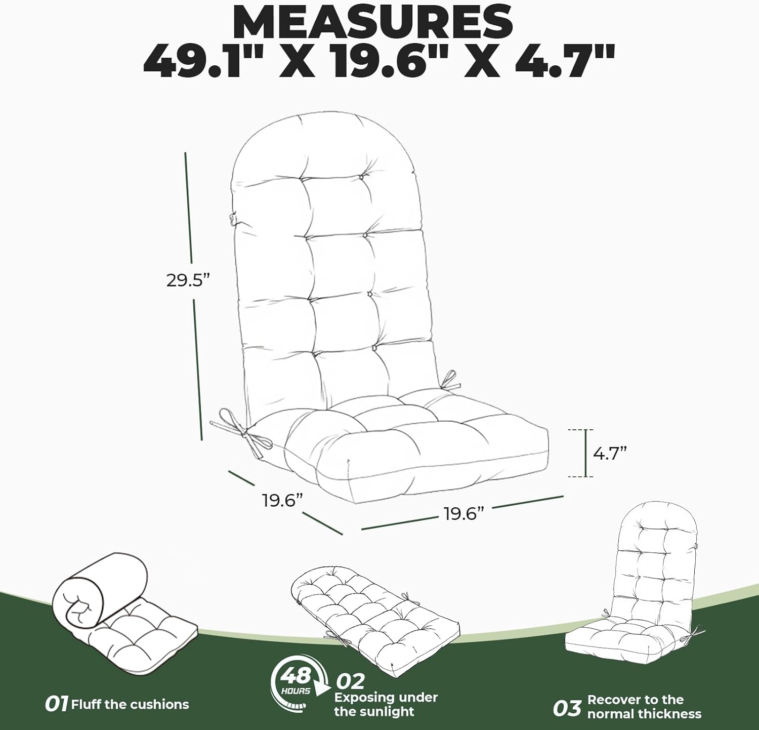 DANGHOOGY Outdoor/Indoor Adirondack Chair Cushion, Waterproof Outdoor Rocking Chair Cushion with Ties, Tufted Replacement Seat Cushions for Outdoor Furniture, Green
