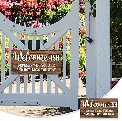 Funny Farmhouse Welcome Sign Welcome-ish Front Door Sign 12 x 6 Inch Welcome Wall Decor Metal Sign Elegant Hanging Porch Decor Rustic Kitchen Door Decor (White Words with Brown Base)