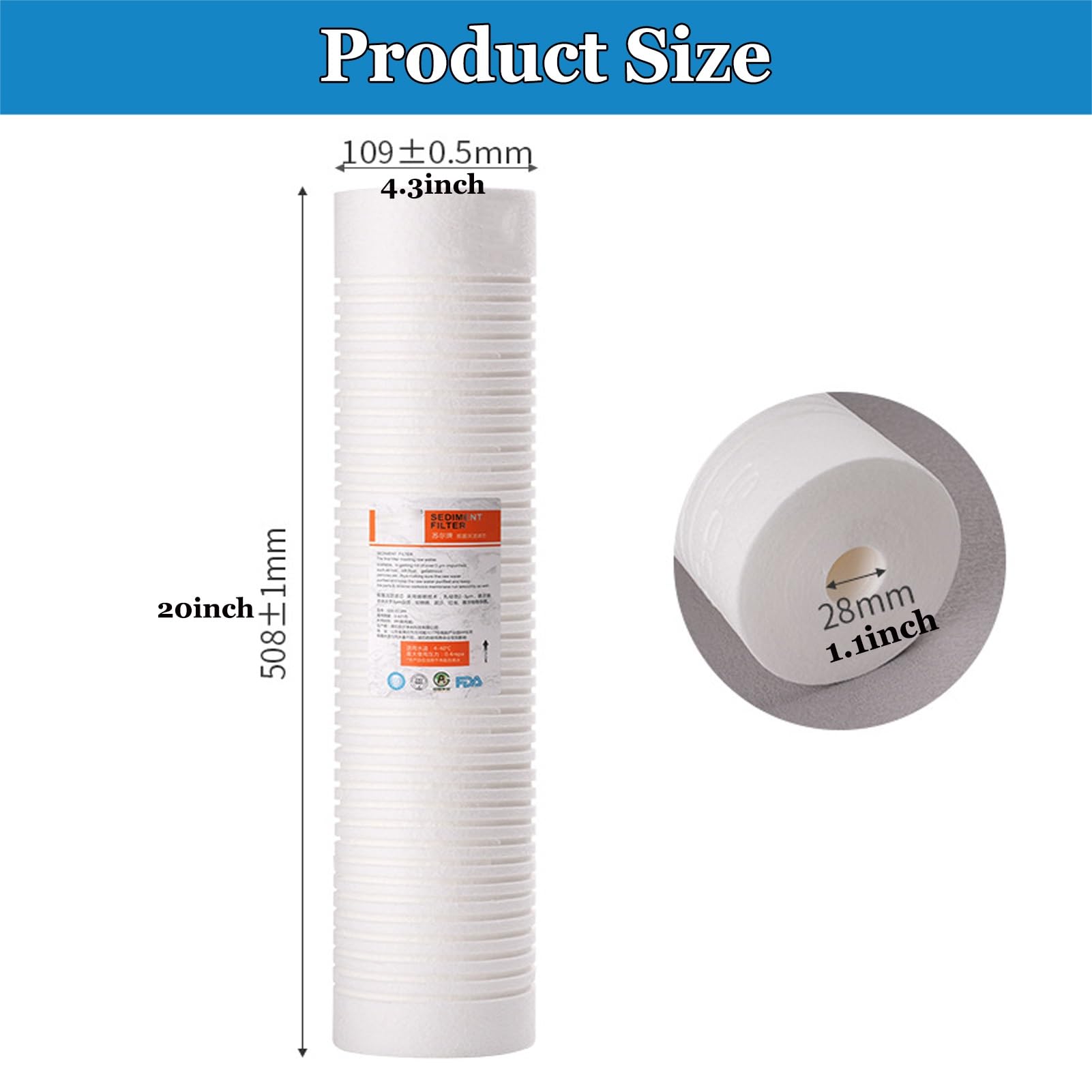 Uniwersalne filtry PP 4,3" x 20", Wkłady wymienne do osadów, do systemów filtracji wody w całym domu (2 szt.)