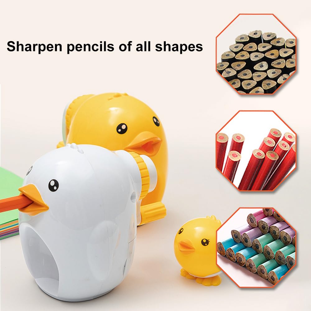 2 in 1 Cartoon Pencil Sharpener - Hand Crank Desktop Sharpener, Cute Mommy Duck & Baby for School Kids - Yellow Hen - Image 2