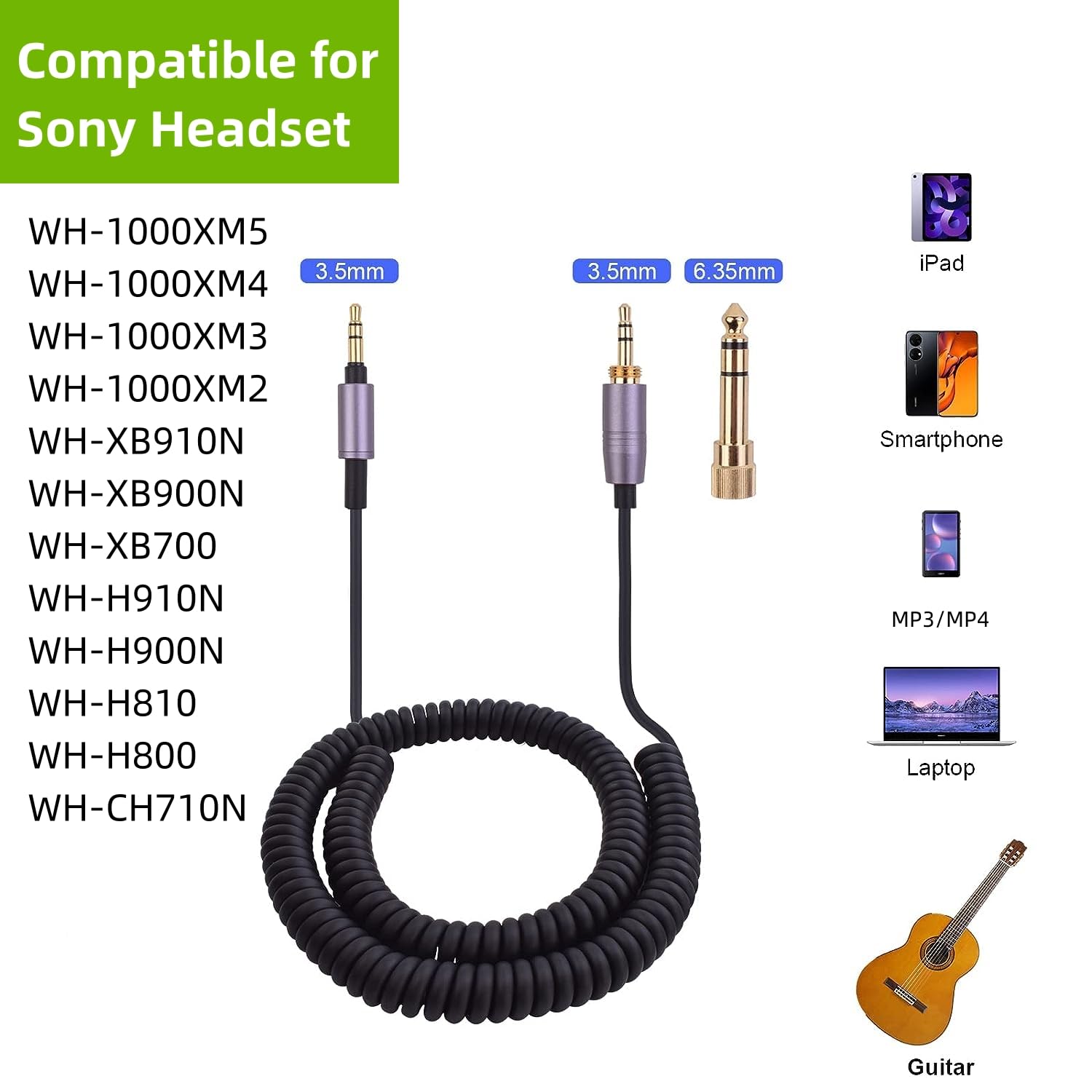 Saipomor WH-1000XM5 Cable Replacement Audio Coiled Cord Compatible with Sony WH-1000XM4 WH-1000XM3 WH-1000XM2 WH-XB910N WH-XB900N WH-XB700 WH-H910N WH-H900N WH-H810 WH-H800 WH-CH710N
