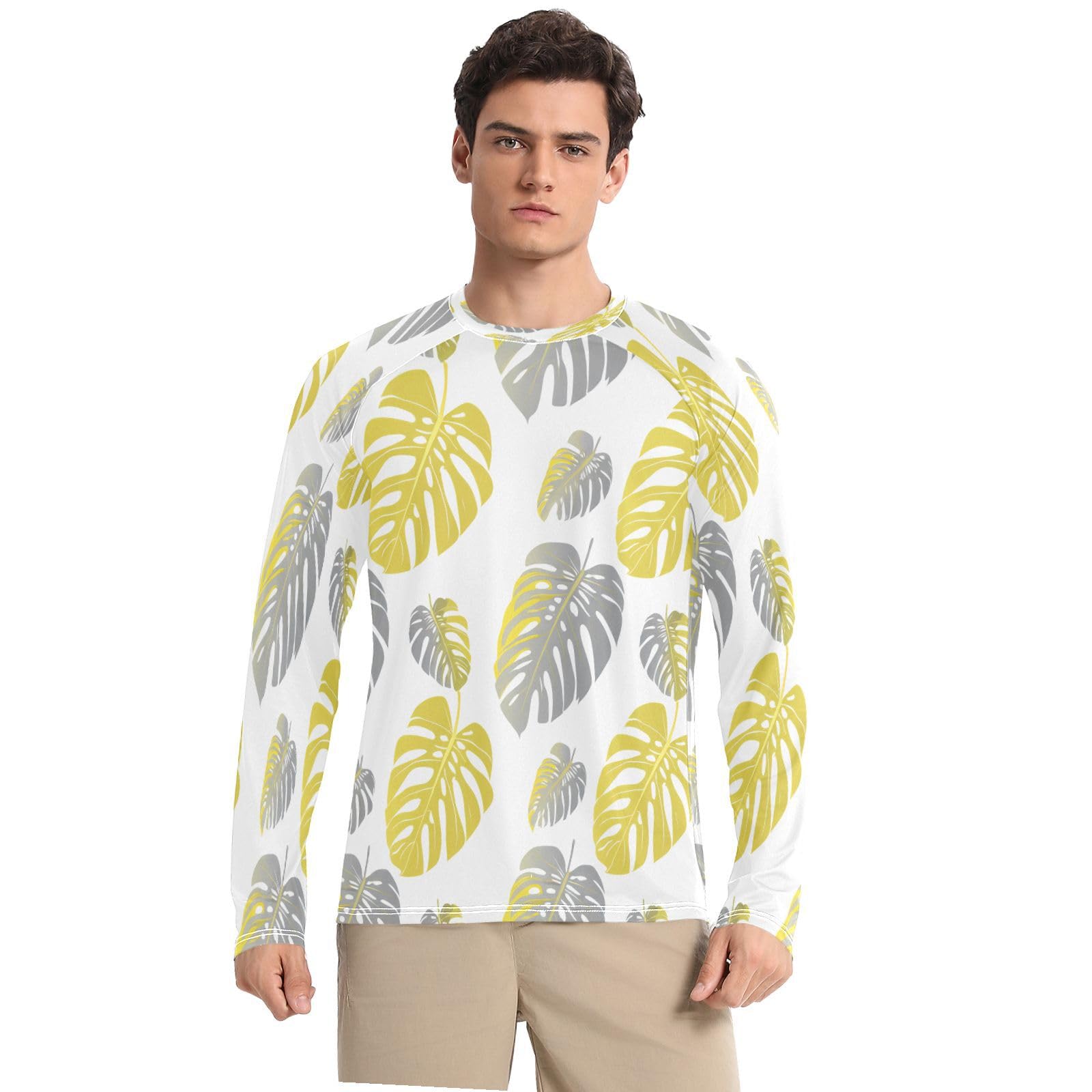 Bulletgxll Tropical Leaves Men's Sun Protection Shirts UPF 50+ Long Sleeve UV Rash Guard Quick Dry Swim Shirts