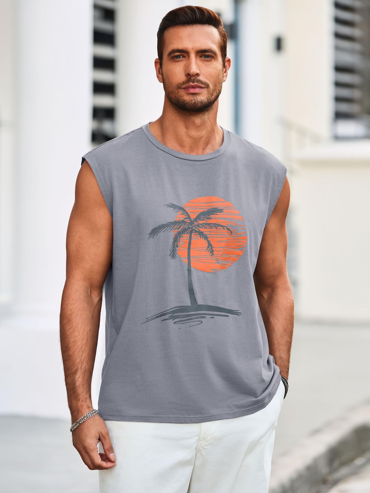 Runcati Tank Top męski bez rękawów z nadrukiem palm, koszulka na siłownię, sport, fitness, koszulka mięśniowa, luźna koszulka pod pachami, na lato, na plażę