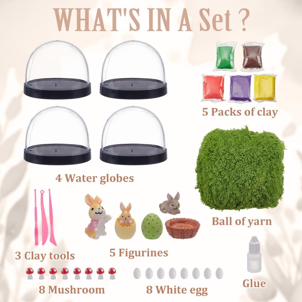 WEBEEDY 4 Sets DIY Easter Bunny Egg Snow Globe Art Craft Kits Ready to Make Your Own Rabbit Eggs Mushroom Snow Globe Ornaments, Handmade Gift for Easter Home Desk Office Room Party Decor