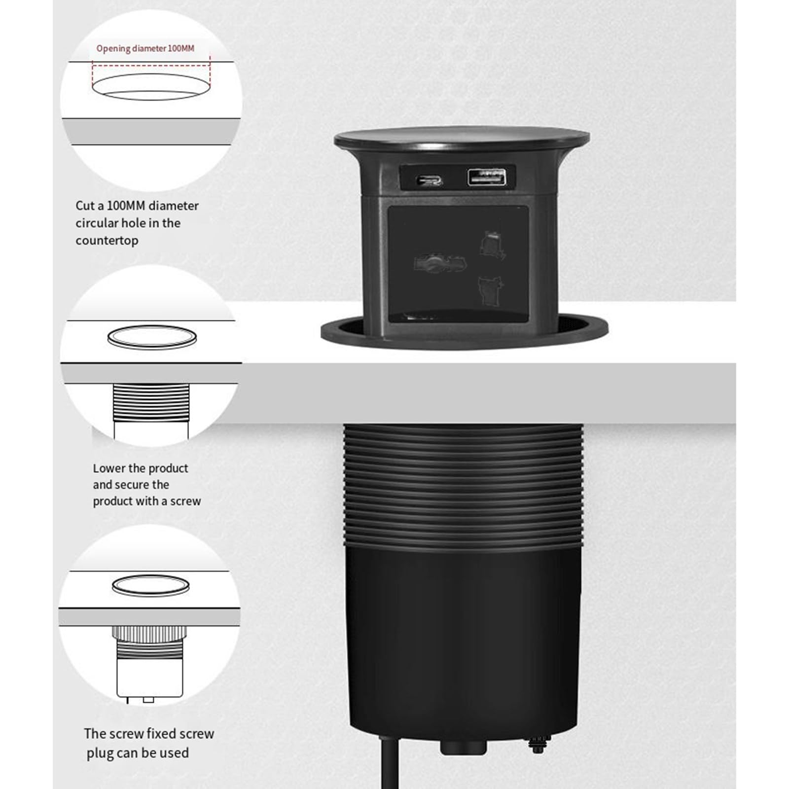 La presa multipla di ricarica wireless USB incorporata con presa di sollevamento pneumatica da 2500 W è adatta per ripiani della cucina e desktop da ufficio,White