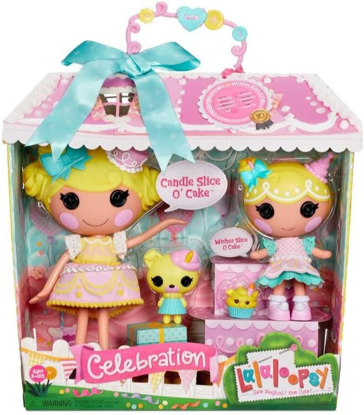 Lalaloopsy Doll Set - Candle & Wishes Slice O' Cake - Large & Little Dolls with Yellow Hair & Hat - With Pet Pug & Cupcake Pig - Changeable Outfit, Reusable House Package Playset - For Kids Ages 3+