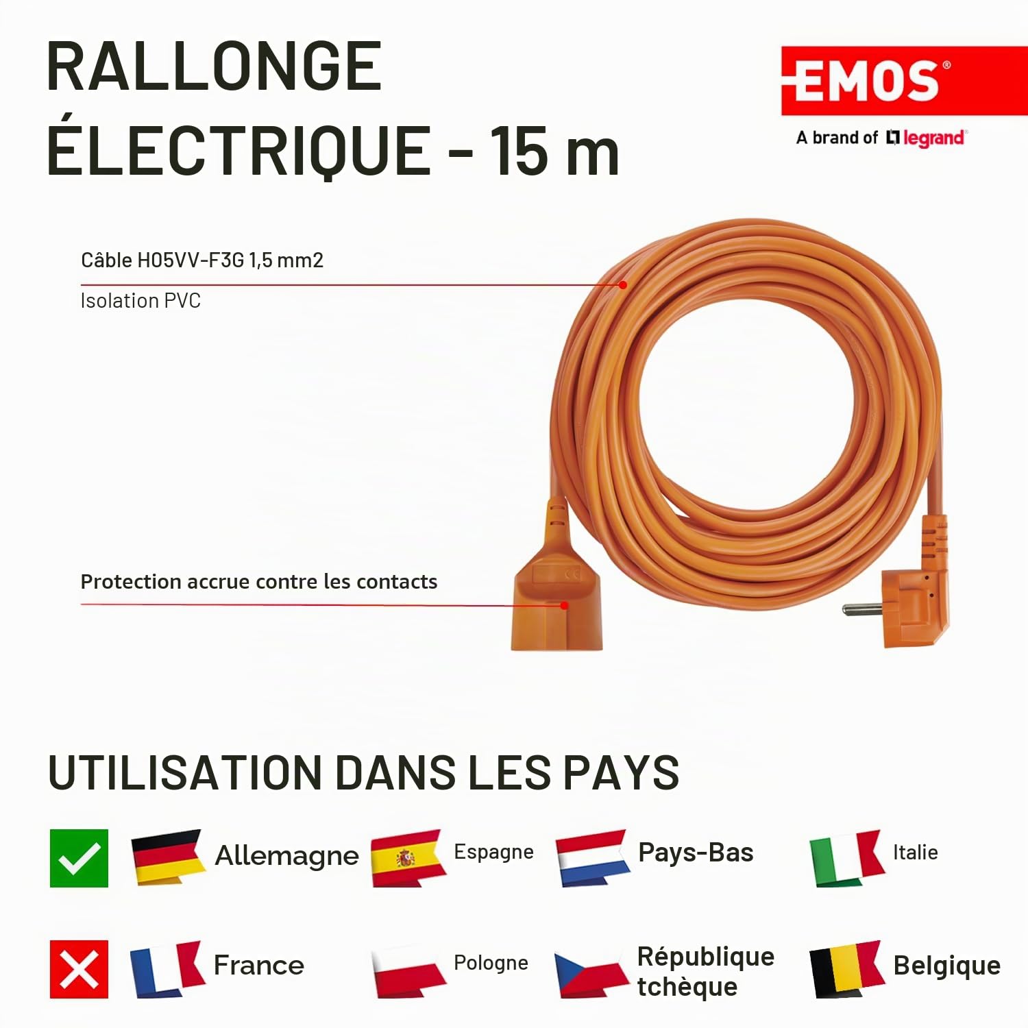 EMOS - Rallonge IP20 15 m - 1 Prise Schuko - 230 V, 16 A, 3680 W - Isolation en PVC de qualité supérieure - H05VV-F3G 1,5 mm² - Protection renforcée Contre Les Contacts - pour l'intérieur - Orange