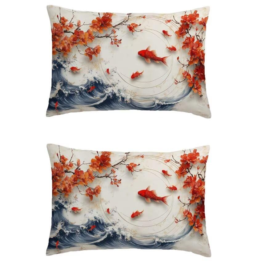 Housse coussin lin imperméable rouge grand format poissons M-386