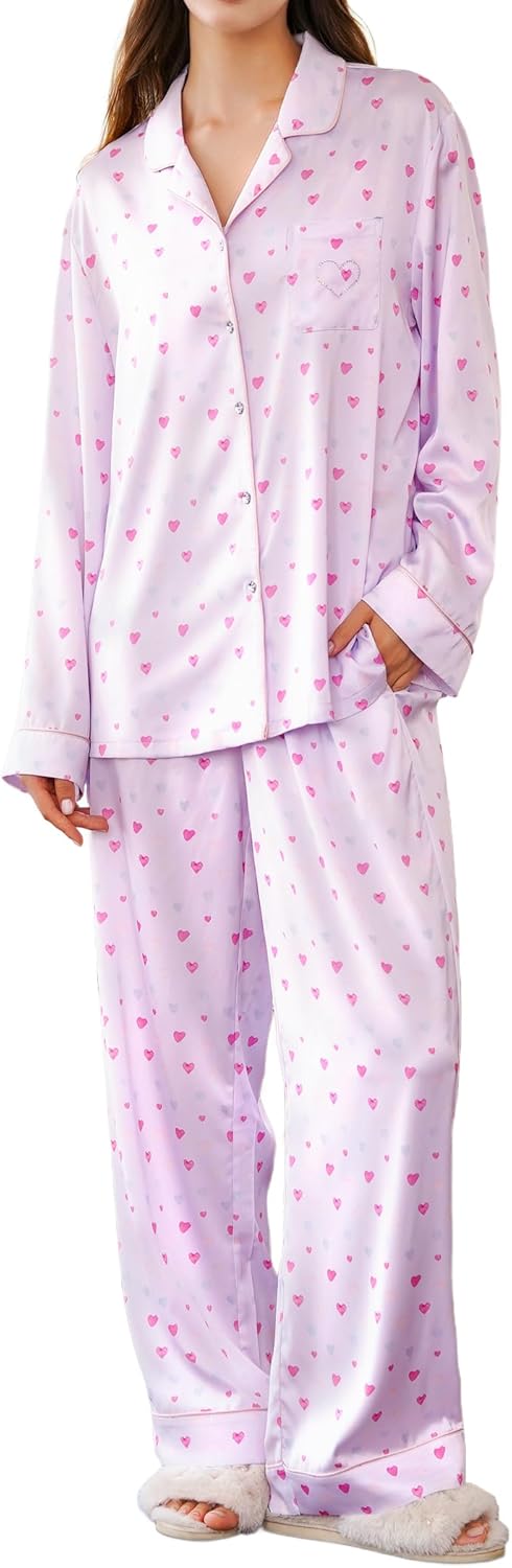 Satin Pajama Set for Women 2 Piece Long Sleeve Button Up Silky PJ Sets Loungewear Soft Satin Sleepwear with Pocket
